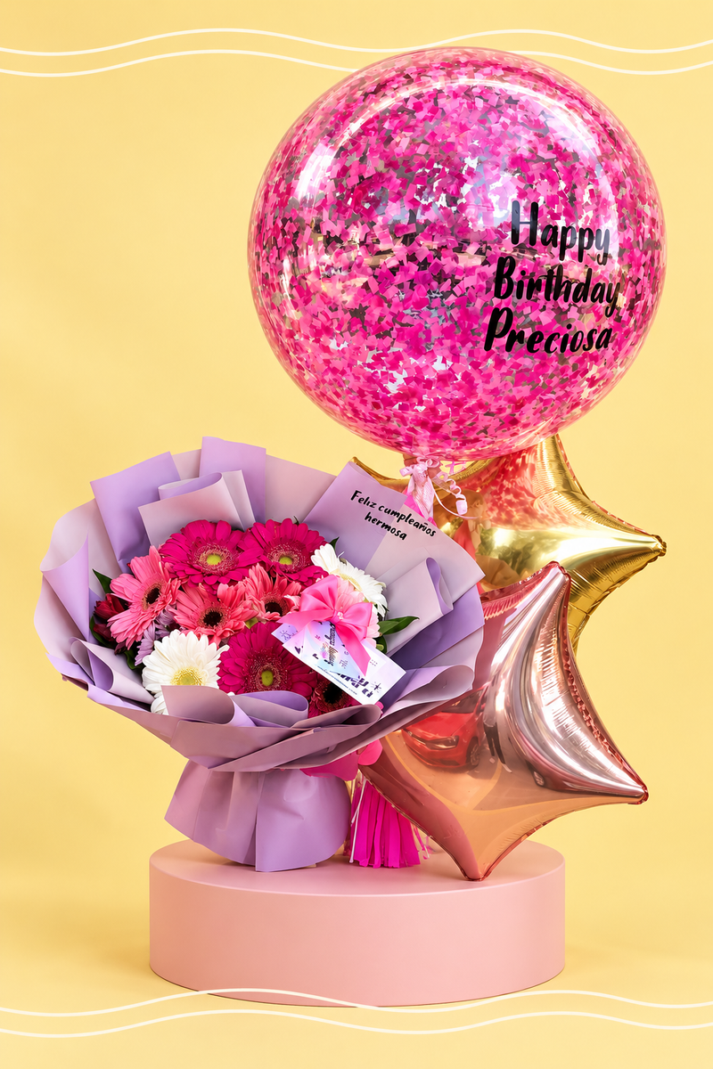 Arreglo floral y globos de cumpleaños
