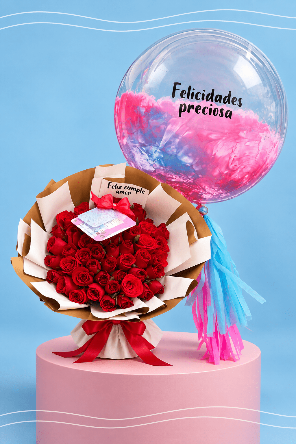 Arreglo romántico con globo de felicitaciones