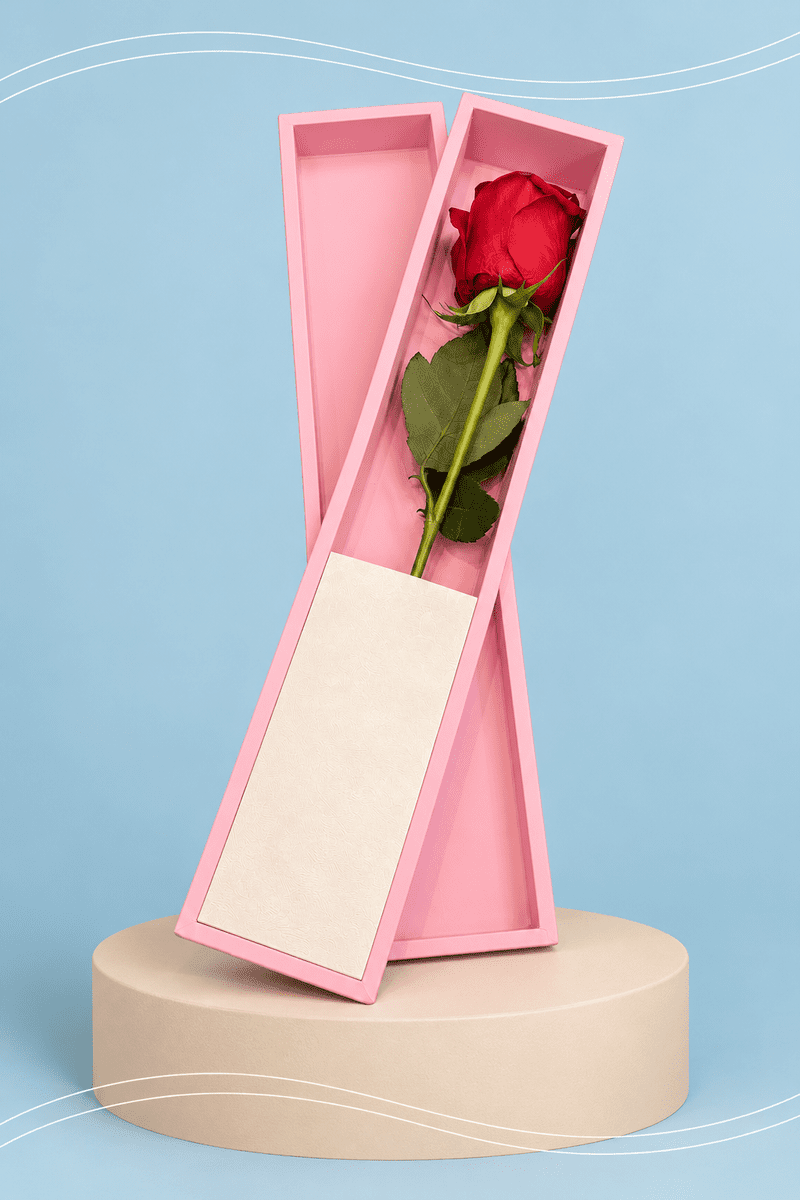Rosa roja en caja rosa sobre pedestal